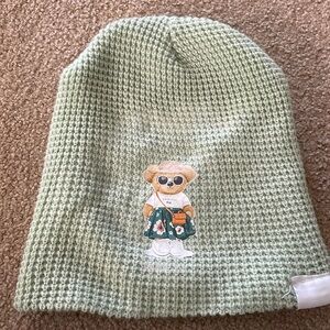 Light green waffle knit beanie with adorable bear patch